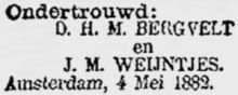 1882  Ondertrouw Dirk Hermanus Marten Beregvelt en Josina Margaretha Weijntjes  